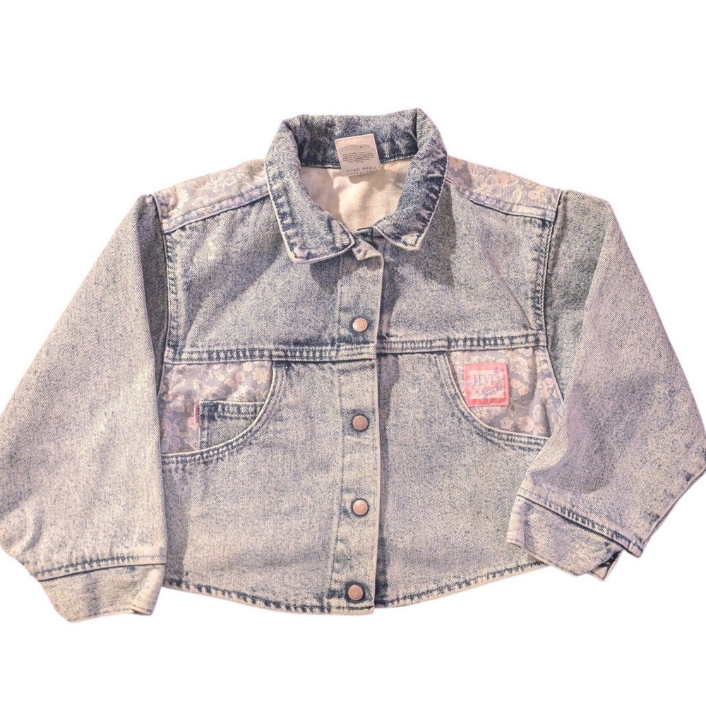 Vintage Little Levis Kids 6 Acid Wash Denim Jacket Floral Lace Made in USA 90s